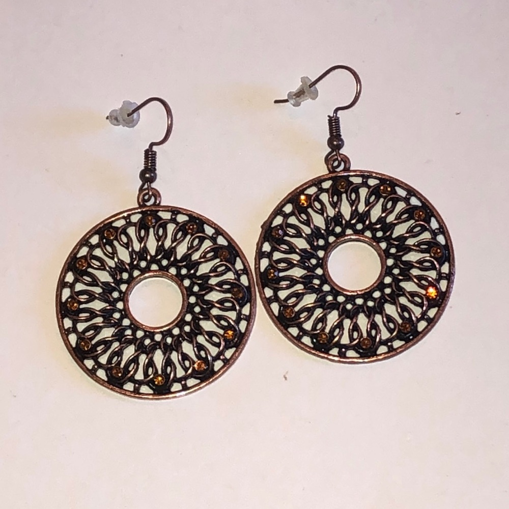 Copper Tone Filigree Round Drop Earrings with Amber Accents